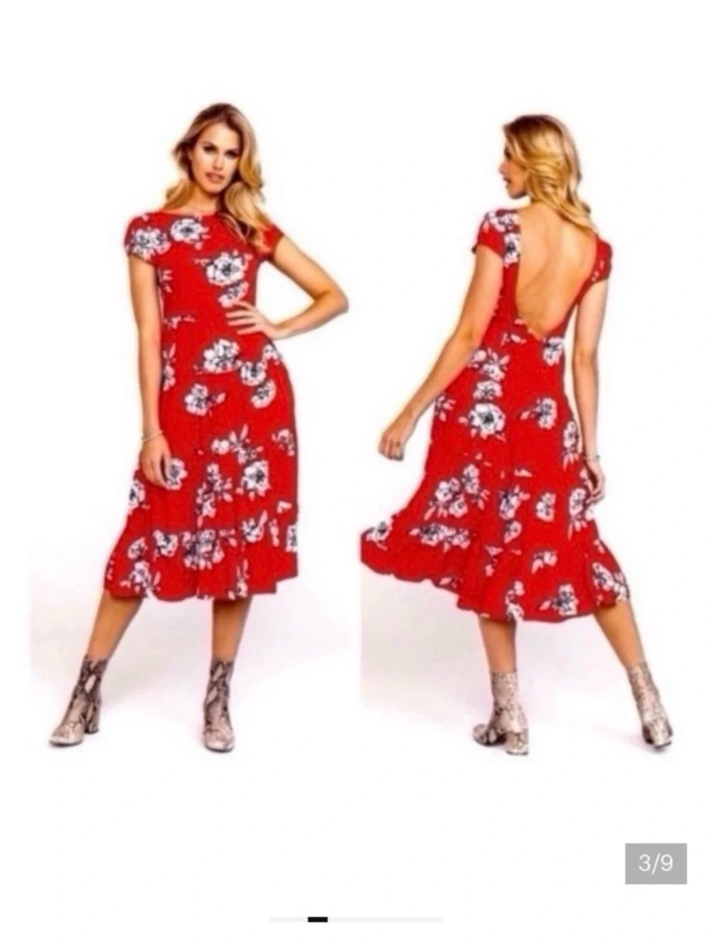 FREE PEOPLE Red Floral Print Midi Tiered Dress Size Medium!